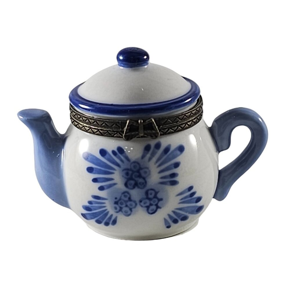 Vintage Miniature Blue White Ceramic Hinged Teapot Trinket Box